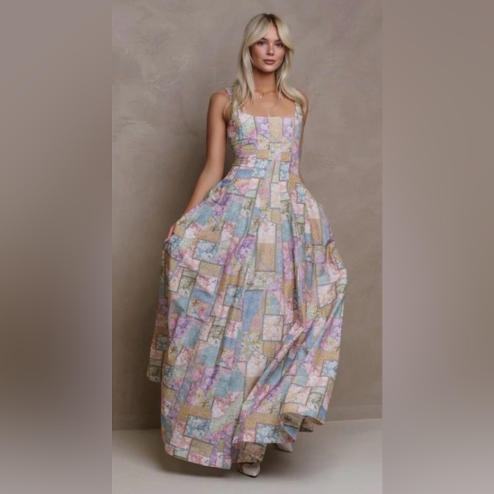 Aqua Blu Pastel Claudette Patchwork Square-Neck Maxi Dress